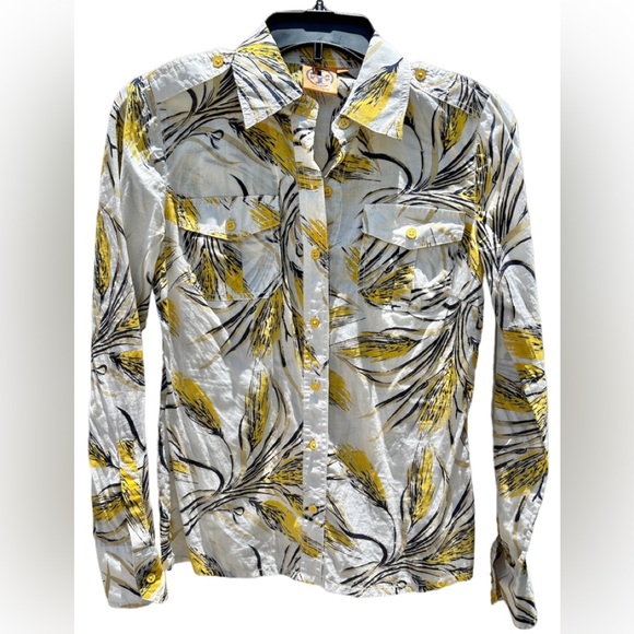 TORY BURCH Brigitte Yellow Wheat Print Roll Tab Sleeve Signature Blouse Sz 0 Top - Picture 3 of 7